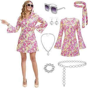 70s Disco Dress Hippie Halloween Costume Women Cosplay 7 pcs Outfit XX-LARGE